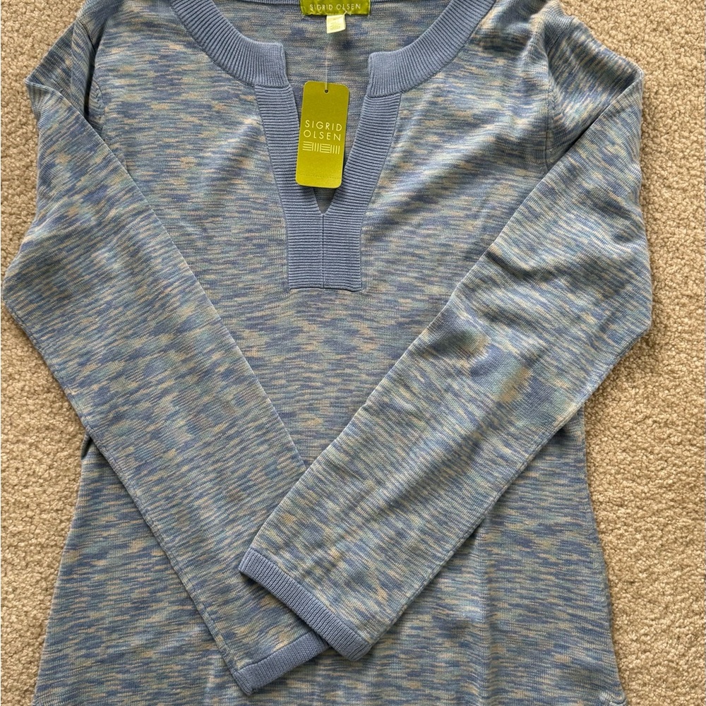 Women Sigrid Olsen Sweater Multi Light Blue Long-Sleeve Knit Top V Neck tunic NW